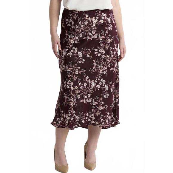 Max Studio Bias Satin Midi Skirt WINE CRANE BLOSSOM NWT Plus Size 3X / 22W - Picture 1 of 8